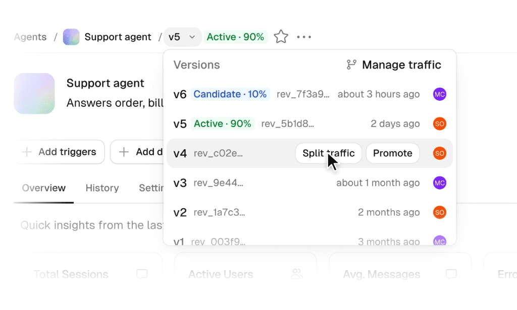 Versions menu with Split traffic and Promote on a saved revision